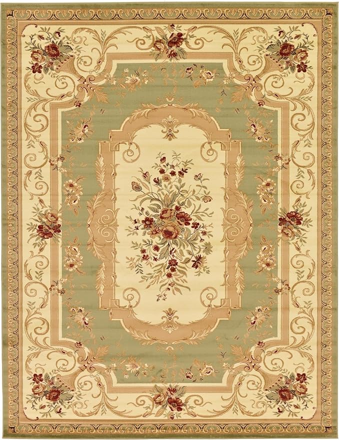 Rugs.com Chateau Collection Rug – 10' x 13' Green Medium Rug Perfect for Living Rooms, Large Dining Rooms, Open Floorplans