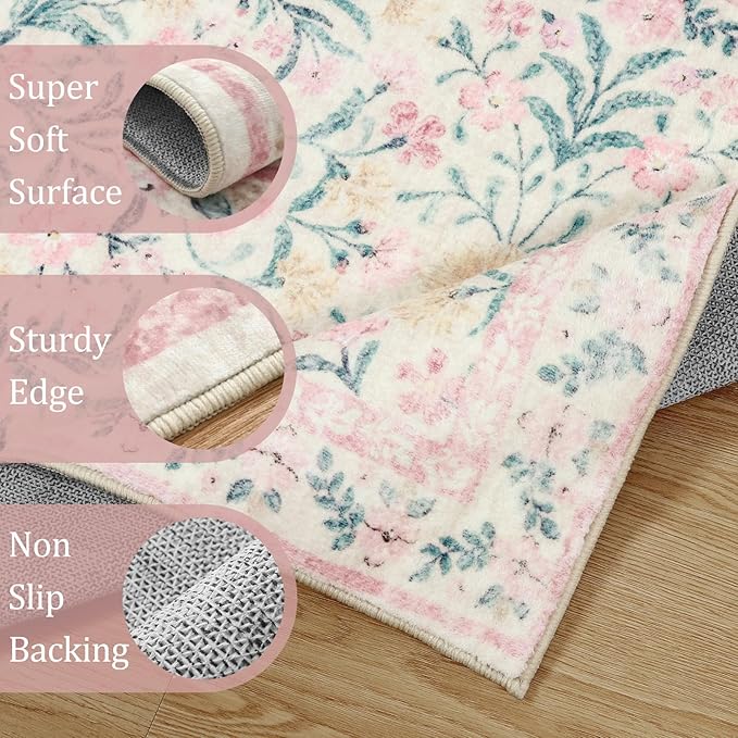 Morebes Floral Washable Light Pink Rug, Boho Machine Washable Area Rugs 8x10 for Nursery Girls Bedroom Non Slip, Soft Vintage Distressed Carpet for Living Room Dorm Home Office Decor