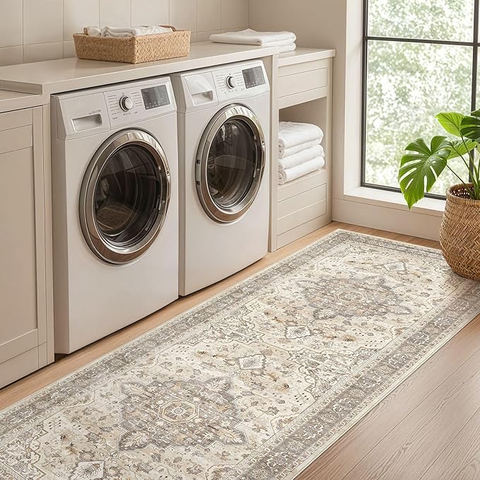 Runner Rug Kitchen Washable Rugs: 3x10 Non-Slip Boho Soft Vintage Stain Resistant Indoor Floor Neutral Farmhouse Throw Carpet for Hallway Bathroom Laundry Room Entryway Bedroom- Brown