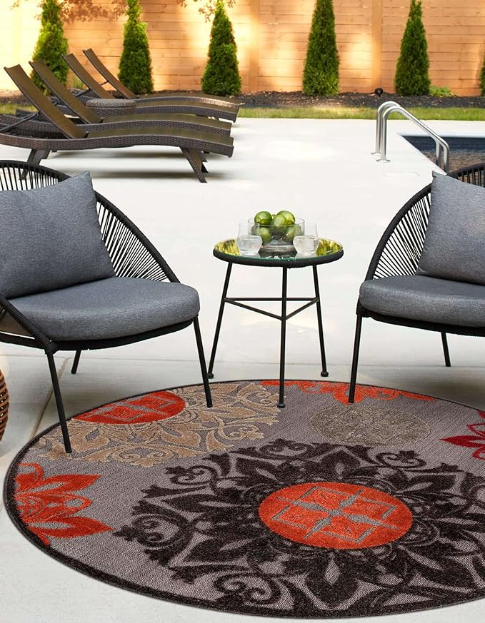 Unique Loom Outdoor Modern Collection Area Rug - Chicago (5' 3" Round Brown/Orange)