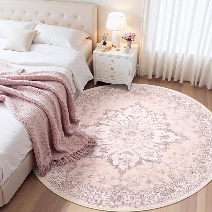 Area Rugs 4ft Washable Non-Slip, Floral Vintage Distress Print Pattern Medallion Carpet for Living Room Bedroom Dining Room, Pink Greypink Cute
