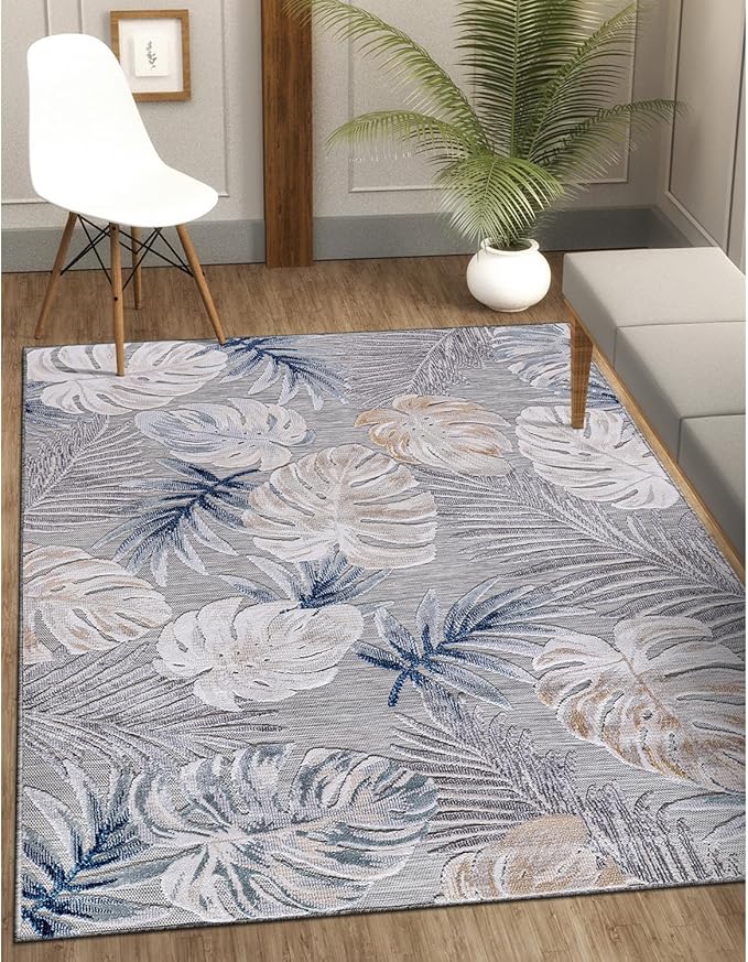CAMILSON Indoor Outdoor Rug, Blue 4x6 Leaf Tropical Botanical Area Rugs for Indoor and Outdoor patios, Easy-Cleaning Non-Shedding Living Room, Garden and Kitchen Washable Outside Carpet (4 x 6)