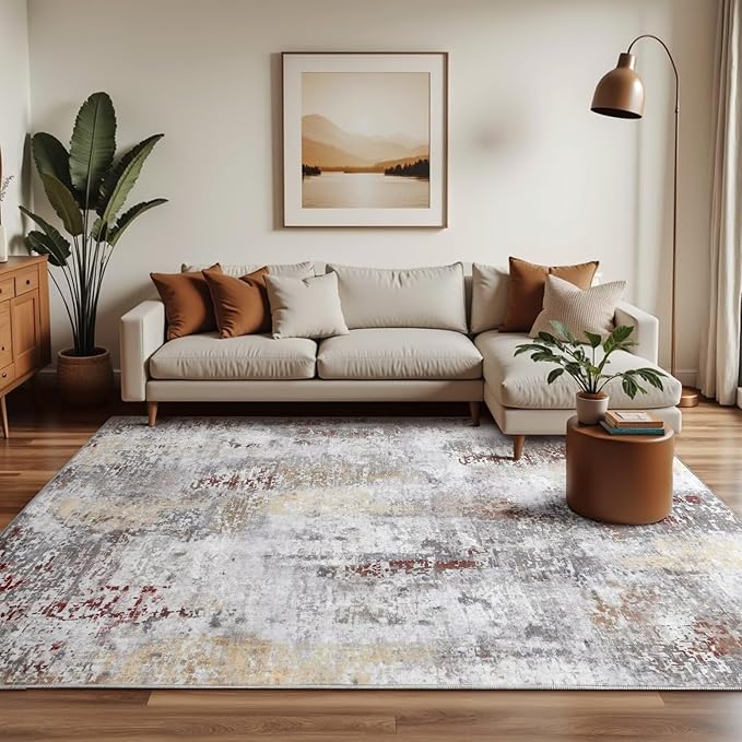 Washable Abstract Rug, 4x6 Modern Area Rugs with Non-Slip Rubber Backed for Living Room, Thin but Soft Contemporary Carpet Kitchen Bedroom Decor, Rusty Brown