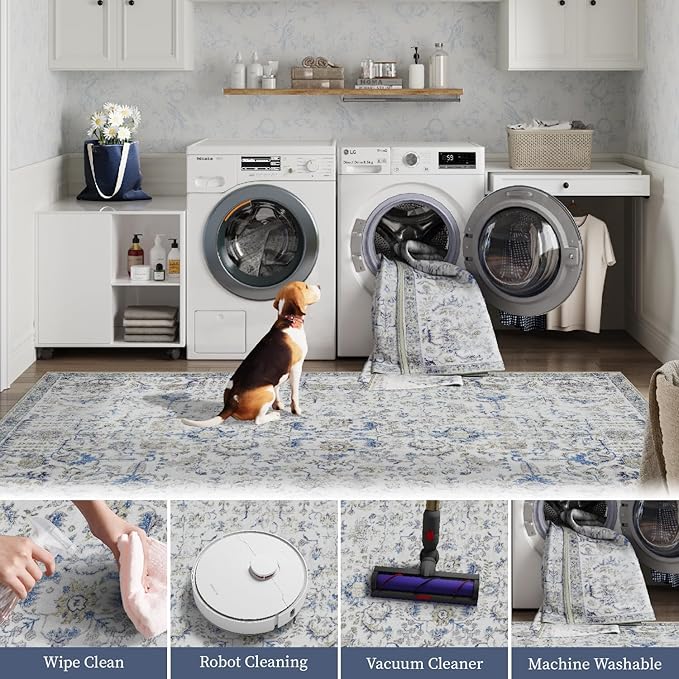 jinchan Kalen Runner Rug 2x6 Washable Area Rug Soft Vintage Hallway Indoor Floor Mat Thin Retro Distressed Carpet Blue Floral Country Non Slip Bathroom Kitchen Bedroom Living Room