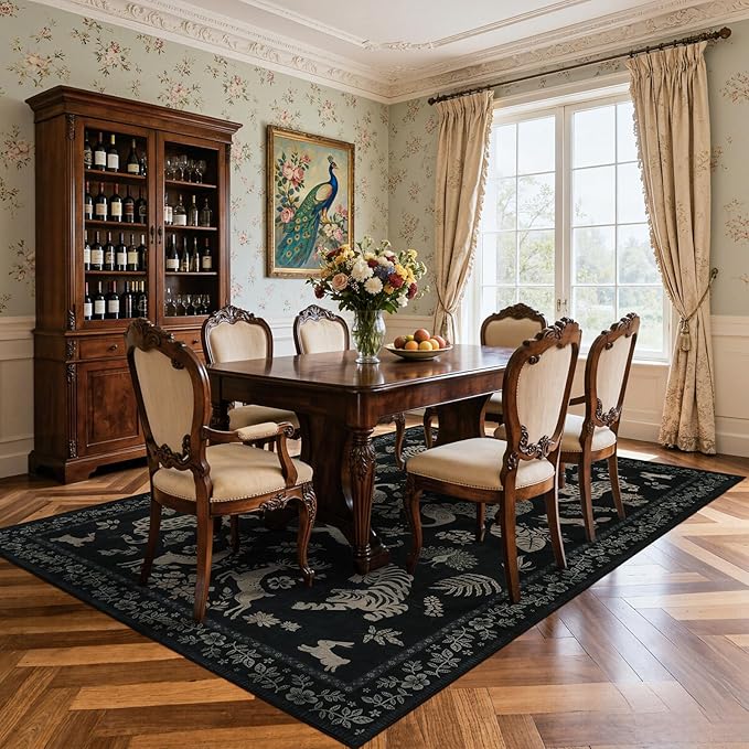 Moynesa Vintage Animal Washable Area Rugs 5x7, Retro Black Gold Area Rug for Bedroom Living Room Dining Room Office Study, Low Pile Soft Non-Slip Lightweight Carpets for Home Decor