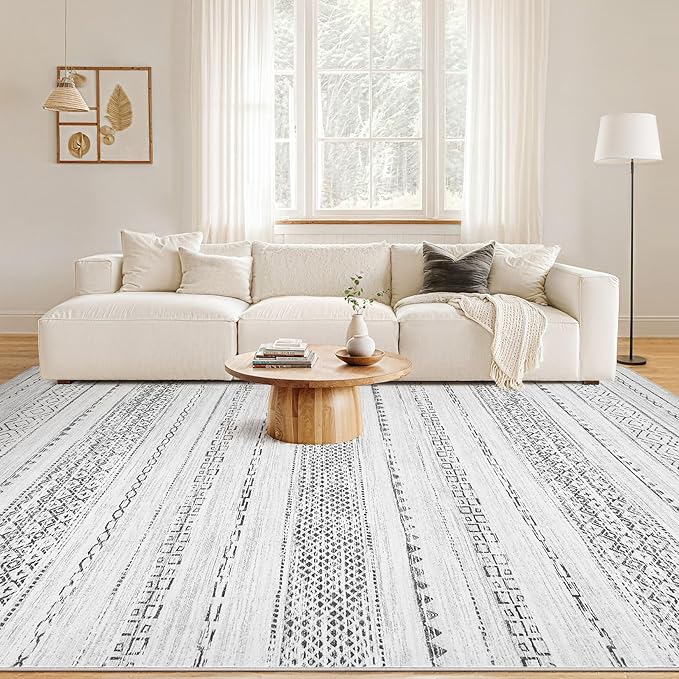 Nakagishi 9x12 Area Rug Living Room: Washable Boho Large Neutral Modern Soft Farmhouse Rugs Stain Resistant Indoor Floor Non-Slip Carpet for Bedroom Nursery Kids Playroom Office Dining Room- Grey