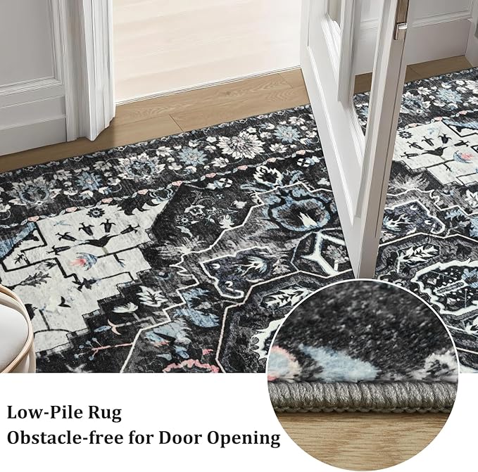 Large Area Rugs 8x10 for Living Room, Bedroom, Washable Vintage Rugs -Low Pile Distressed Rugs for Kitchen, Dining Room, Water Repellent & Non Shedding, Black and Blue