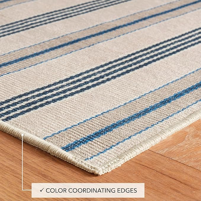 Dash and Albert Nimes Ticking Machine Washable Area Rug - 5' x 8' Neutral Stripe Washable Accent Rug - Durable, High Traffic Areas Kitchen, Mudroom, Hallways