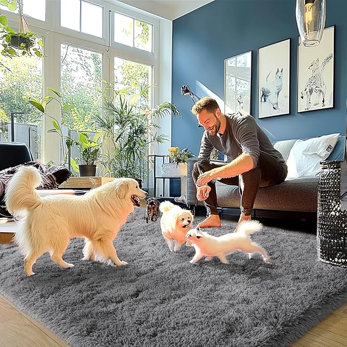 Dark Gray Fluffy Rug Plush Carpet for Bedroom Dorm, Non-Slip High Pile Rug, Shag Rug for Playroom Nursery Home Office Decor 6X9 Ft