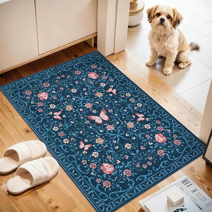 GarveeHome 2x3 Floral Area Rug Non Slip Entryway Mat Low Pile Stain Resistant Butterfly Kitchen Rugs Soft Small Throw Carpet for Dining Room Bedroom Washable Bow Rugs for Living Room Bathroom, 2x3