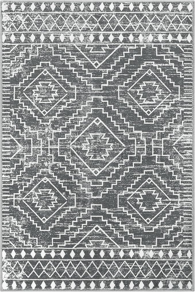 Wonnitar Moroccan 4x6 Area Rug, Washable Dark Gray Living Room Rug, Non-Slip Boho Rug for Bedroom, Farmhouse Non-Shedding Soft Indoor Carpet for Kitchen Entryway Mud Room (Dark Grey,4'x6')