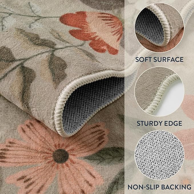 Lahome Floral Machine Washable Rug, 3x5 Rug Non Slip Soft Bedroom Rugs for Entryway Dorm, Ultra-Thin Boho Rugs for Living Room Stain Resistan Throw Carpet for Nursery Entrance,Brown