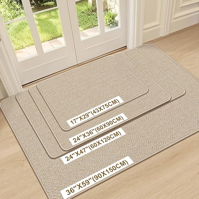 Ultra Thin Door Mat Indoor Entrance 24"x36", Low-Profile Indoor Door Mat, Non Slip Entry Mat Rubber Backing Unique Herringbone Design Inside Doormat Dirt Trapper Entryway Mats, Beige