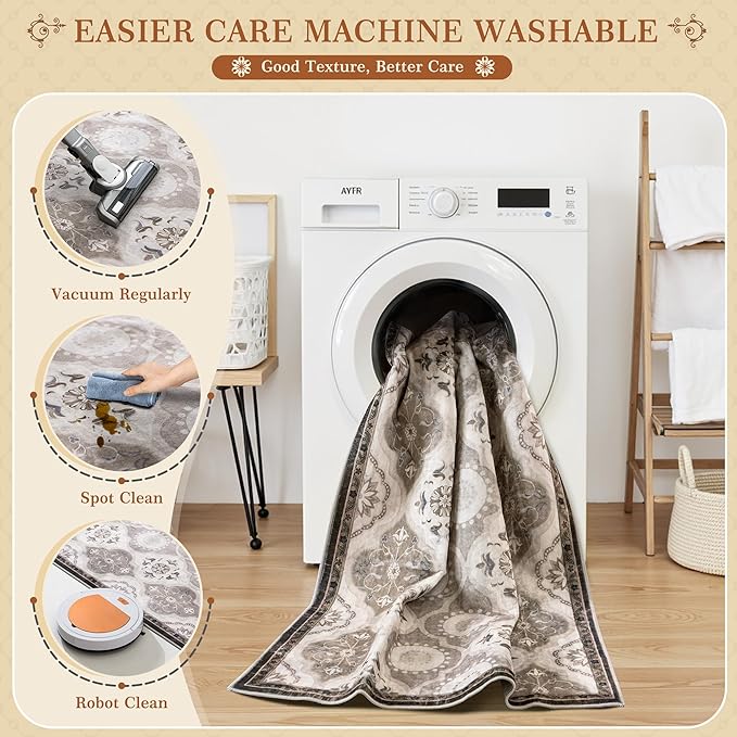 EnHomee 8x10 Area Rug, Soft Washable Rugs for Living Room Bedroom, Boho Non Slip Low Pile Stain Resistant Washable Rug Large Area Rugs for Dining Room,Easy to Clean Living Room Rug, Khaki