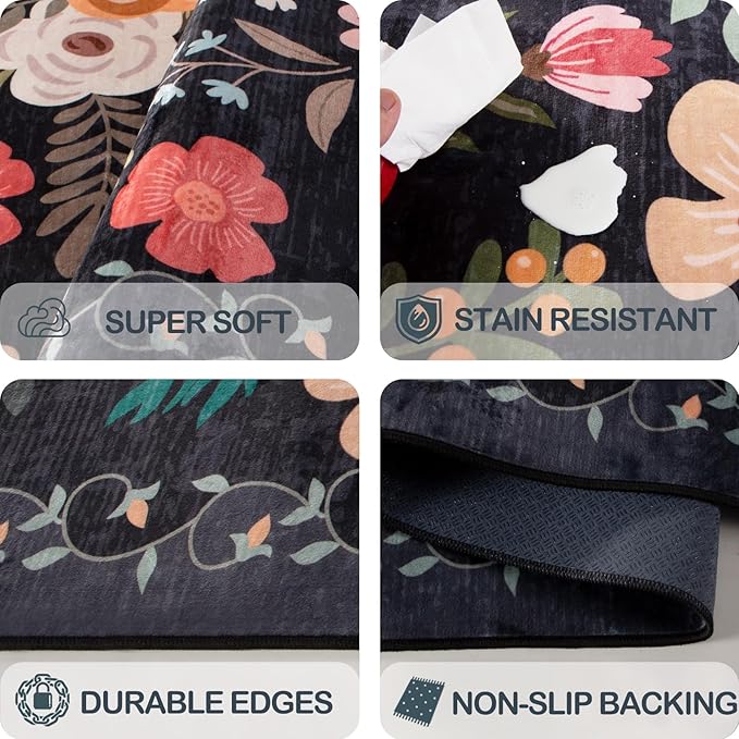 8x10 Area Rug, Floral Rugs for Living Room, Stain-Resistant Washable Bedroom Rug, Non-Slip Area Rugs for Dining Room Under Table, Indoor Rug for Home Office (8 x 10 Black)