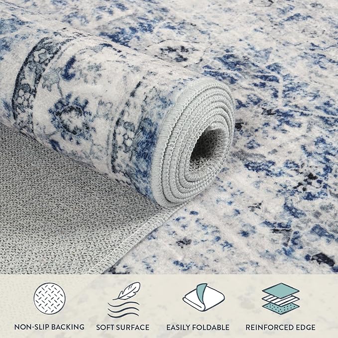 Lahome Blue Area Rug for Living Room 6x9 Machine Washable Area Rugs Living Room Rug,Vintage Distressed Soft Rubber Backing Stain Resistant Indoor Carpet for Office