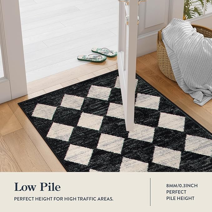 Lahome Washable Kitchen Runner Rug, 2x7 Black and White Hallway Runner Rugs with Rubber Backing Bathroom Runners, Moroccan Trellis Soft Non Slip Stain Resistance Carpet Runners for Entryway Bedside