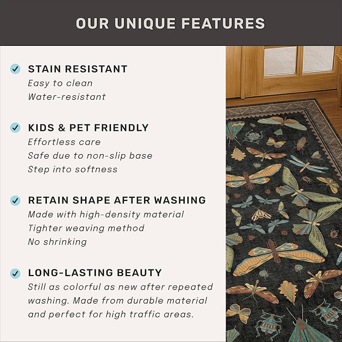 Dark Black Boho 2x10 Rug Runners for Hallways, Washable Non Slip Long Runner Rug for Kitchen, Entryway, Low Pile & Soft Stain Resistant Vintage Home Décor