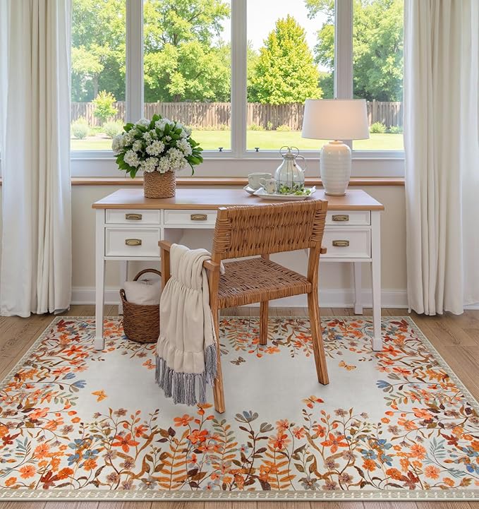 Wonnitar Fall Washable 5x7 Rug for Bedroom, Low Pile Soft Boho Floral Living Room Area Rug, Non Slip Throw Carpet for Girls Room Nursery Playroom Guest Room (Orange,5'x7')