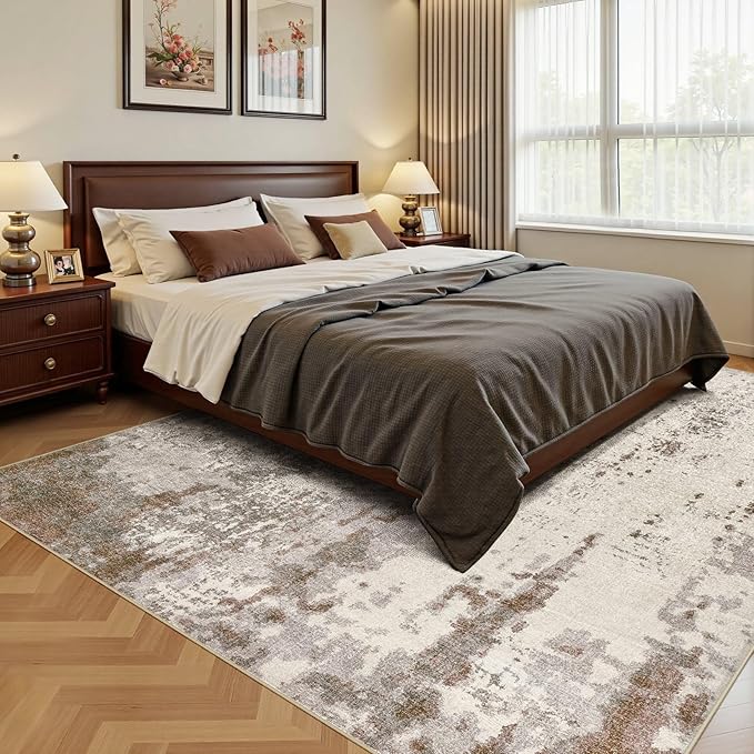 10x12 Area Rug Living Room Rugs - Washable Neutral Modern Abstract Soft Thin Rug Indoor Floor No Slip Rug Carpet for Bedroom Under Dining Table Home Office Decor - Brown/Grey/Beige