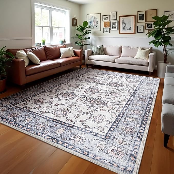 Area Rug for Living Room, 9x12 Machine Washable Non Slip Large Faux Wool Throw Rug, 0.3″ Low Pile & Non-Shedding Boho Large Carpet Rugs for for Dining Room, Bedroom, Office (Gray Purple)
