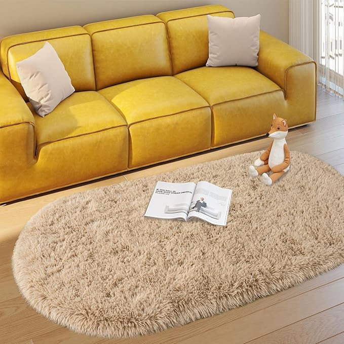 Soft Fluffy Area Rug for Bedroom, Fuzzy Shaggy Oval Throw Rugs for Bedside, Non-Slip Cozy Plush Shag Carpet for Kids Room Nursery Dorm Living Room, Beige, 2.6 x 5.3 Feet, 2 Packs