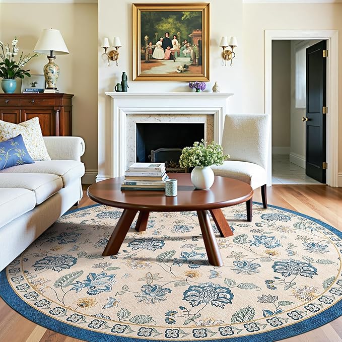 jinchan Elora 7ft Floral Round Rug for Dining Room Washable Living Room Rug Vintage Romance Design Non Slip Indoor Floor Cover Lightweight Low-Profile Throw Carpet for Bedroom Porch Patio, Blue/Beige