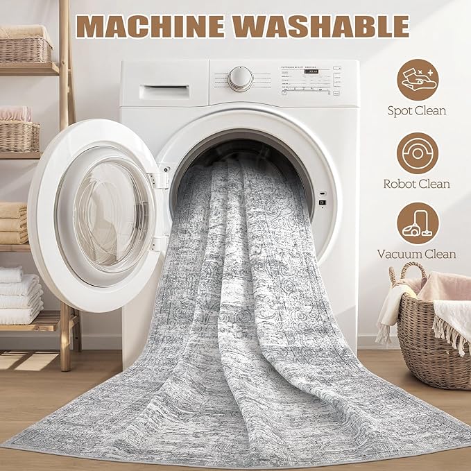 Washable Area Rug: 3x5 ft Abstract Small Rugs for Entryway Kitchen Living Room Bedroom - Non Slip Modern Neutral Carpet Indoor Front Door - Vintage Grey
