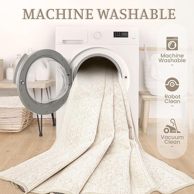 9x12 Area Rug Living Room: Washable Boho Geometric Moroccan Rug Neutral Modern Farmhouse Indoor Soft Non Slip Ultra Thin Large Printed Pattern Carpet for Bedroom Home Office (Beige, 9'x12')