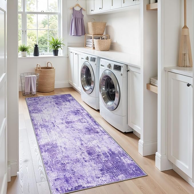 Washable Area Rugs 2'x8' Non-Slip Modern Abstract Soft for Living Room Entryway Bedroom Nursery, Print Pattern, Purple Gray Pink White