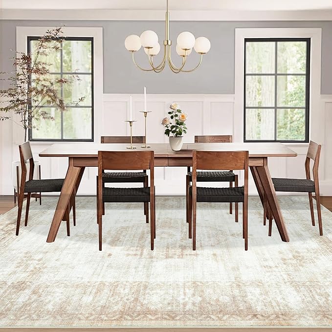 Vintage Living Room Area Rug - 8x10 Large Machine Washable Boho Moroccan Distressed Farmhouse Rugs for Bedroom - Soft Non-Slip Indoor Floor Accent Rugs for Office Dining Room (Beige, 8'x10')