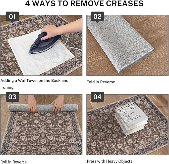 Vintage Entryway Rug 2x3 Washable, Mocha Brown Kitchen Rug, Super Soft Thin Faux Wool Small Area Rug, Non-Slip Accent Mat for Foyer, Bedroom, Office