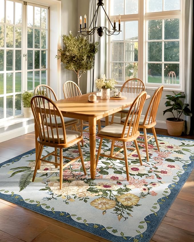 Floral Rug for Living Room - 4x6 Washable Area Rugs Non-Slip Soft Low-Pile Stain Resistant Carpet Unique Flower Print Vintage Indoor Rug for Bedroom Dining Room Office Nursery Room, Blue