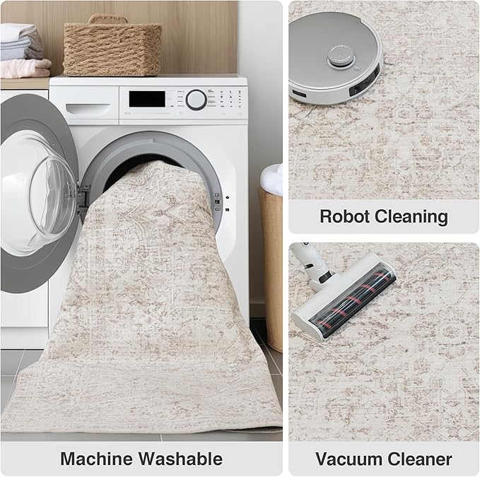 FMFUNCTEX 2x5 Washable Runner Rug Beige Vintage Neutral Distressed Oriental Non Slip Low Pile Indoor Carpet Retro Hallway Entryway Rug for Kitchen Living Room Bedroom Bathroom Laundry Entry Bedside