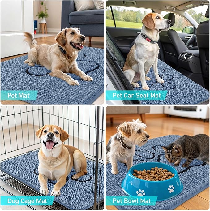 OLANLY Dog Door Mat for Muddy Paws 36x24, Paw Print Design, Absorbs Moisture and Dirt, Absorbent Non-Slip Washable Doormat, Quick Dry Chenille Mud Mat, Entry Indoor Entryway Carpet, Airy Blue
