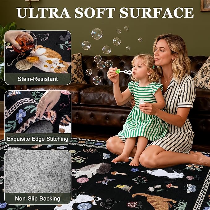 8x10 Area Rugs Living Room Rug: Vintage Washable Rug Floral Soft Carpet Indoor Floor Non-Slip Boho Stain Resistant Large Carpets for Bedroom Kids Nursery Dining Room Farmhouse Home Office Black/C01