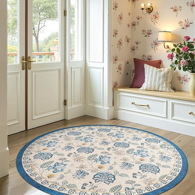jinchan Elora 6ft Floral Round Rug for Dining Room Washable Living Room Rug Vintage Romance Design Non Slip Indoor Floor Cover Lightweight Low-Profile Throw Carpet for Bedroom Porch Patio, Blue/Beige
