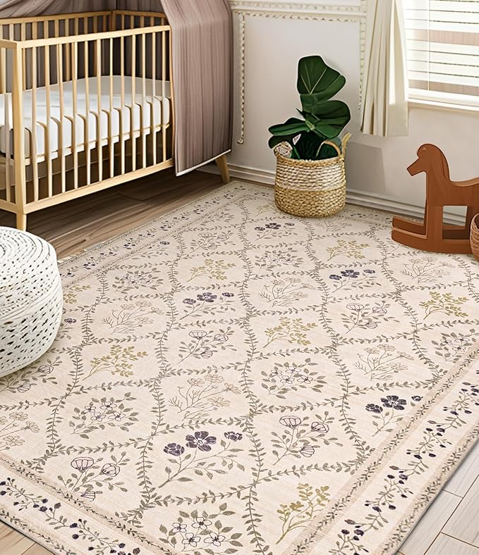 YIHOUSE 8x10 Washable Rug for Living Room, Beige Floral Rugs for Bedroom Boho Area Rug Non Slip Ultra-Thin Large Rug for Kids Playroom, Classroom, Girls Dorm, Nursery, Beige Multi