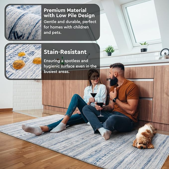 3x5 Area Rug Machine Washable Non Slip Rug Distressed Neutral Moroccan Boho Rug Ultra Soft Indoor Rugs for Bedroom Living Room Entryway Kitchen Foyer Bedside, Blue