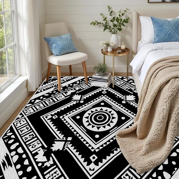 Area Rugs for Living Room 4x5, Moroccan Washable Low Pile Rug, Boho Neutral Farmhouse Ultra Soft Carpet for Bedroom Dining Room Home Decor, Geometric Print Tribal Carpets Black and White
