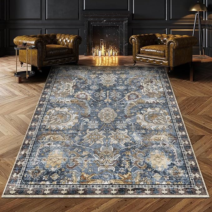 RUGSURE Washable Area Rugs - Perfect for Living Room, Bedroom, Kids Room, Nursery - Stain & Water Resistant Non-Slip, Pet & Child Friendly, Vintage Tribal Area Rugs (Navy, 9' x 12')