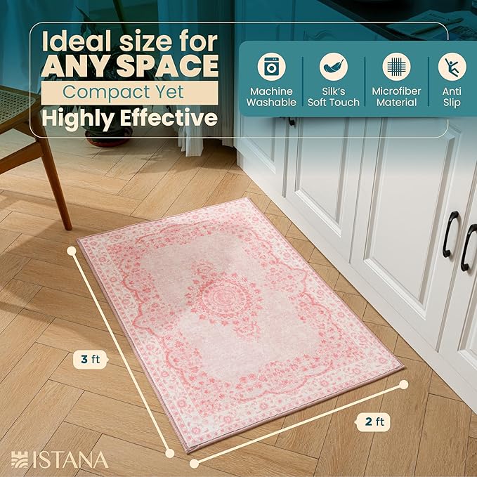 Istana 2x3 Area Rug - Pink Boho Rugs for Living Room 2x3 - Foldable Small Rugs for Bedroom - Stain Resistant Washable Rug Non Slip - Eco-Friendly Area Rugs Indoor