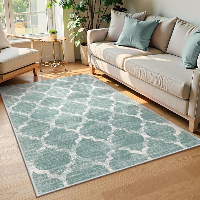 Lahome Moroccan Washable 3x5 Entryway Rug - 3x5 Area Rugs for Bedroom Throw Non-Slip Low-Plie Kitchen Rugs Soft Sage Distressed Capet for Office Bathroom Living Laundry Room Dining Room