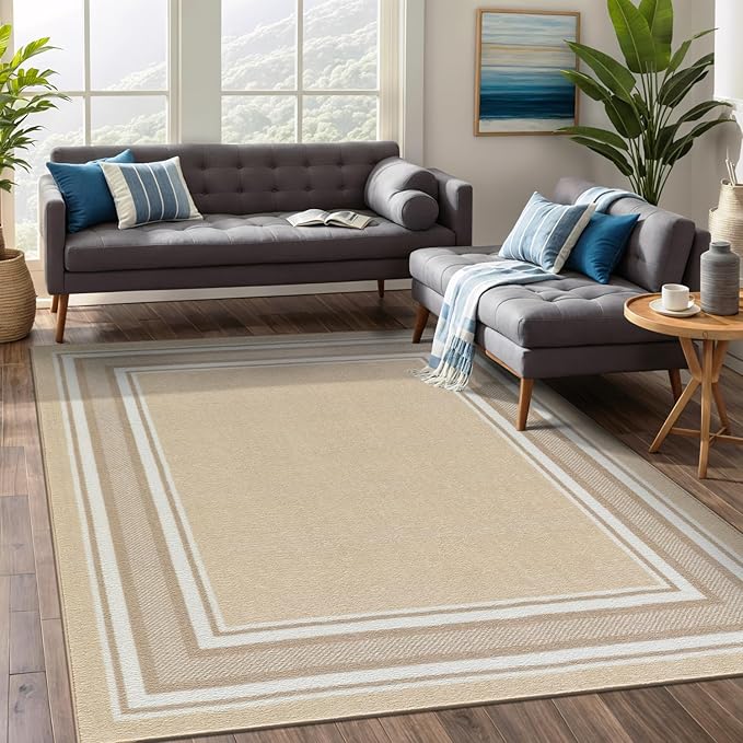 Beverly Rug Non Slip Area Rugs 8x10 Modern Bordered Non Skid Rubber Backing Soft Area Rug for Living Dining Room Easy to Clean Non Shedding Kitchen Bedroom Indoor Carpet 8 x 10 Beige