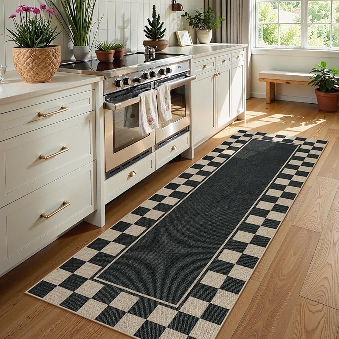 Moynesa Easy Jute Runner Rugs Washable 2x6 Entryway Runners Rug for Kitchen Black Checkered Carpet for Indoor Outdoor Non Slip Mat for Hallways Bathroom Bedroom Laundry Living Room Corridor