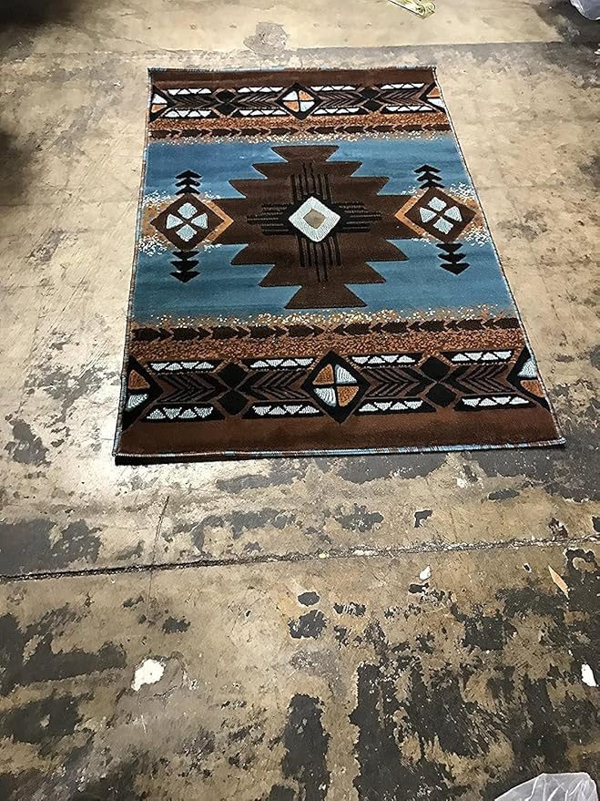 YHSF South West Native American Area Rug C318 - Easy Clean, Thick, Soft, Durable Native Tribal American Indian Inspired Rug for Bedroom/Living Room and More - Blue-Brown, 2 ft 4 in x 10 ft 11 in