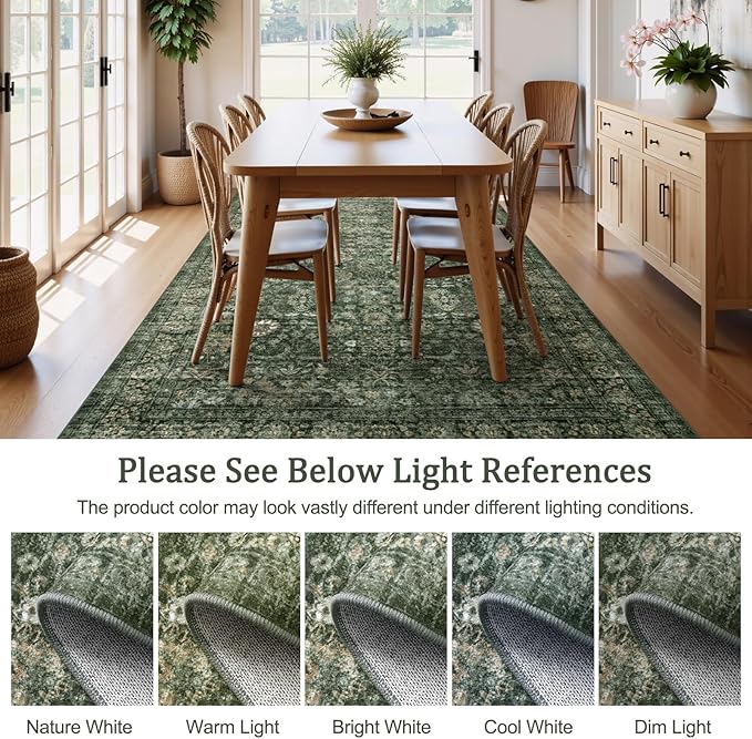 Morebes Washable Green Area Rugs 4x6, Vintage Boho Rugs for Bedroom, Soft Distressed Indoor Floor Non-Slip Non-Shedding Living Room Throw Carpet for Kitchen Dining Playroom Entryway Christmas Decor