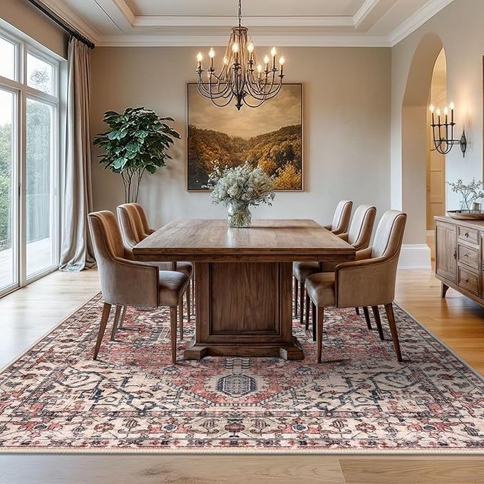 KOZYFLY Area Rug 8x10 Ft Thin Rugs for Living Room Washable Bedroom Rug Non Slip Rugs for Living Room Printed Faux Wool Vintage Bedroom Rug Floor Carpet for Dining Room, Terracotta/Beige