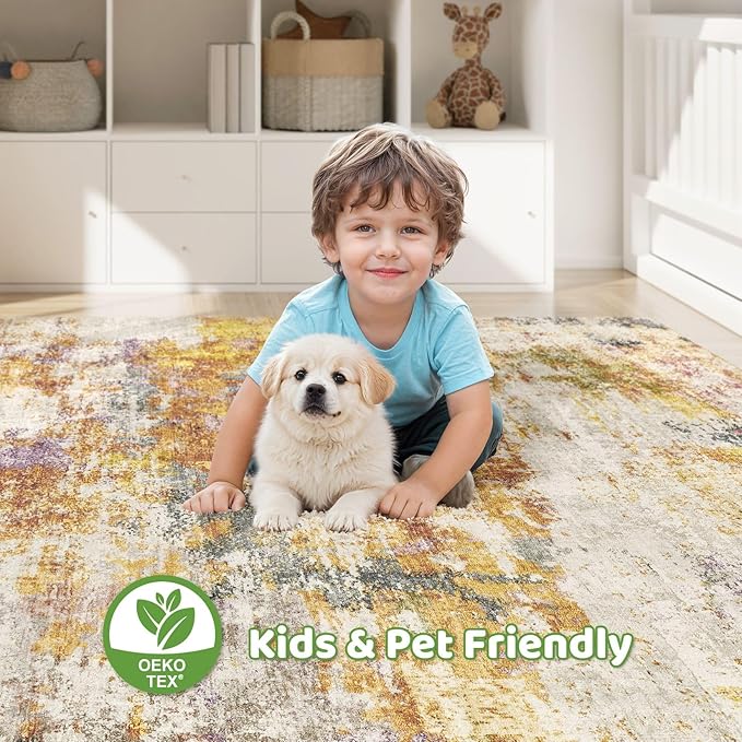8X10 Area Rugs Living Room: Washable Large Abstract Soft Stain Resistant Indoor Floor Rugs Non Slip Accent Carpet for Bedroom Nursery Playroom Office Dining Room Dorm & Home- Gold Colorful