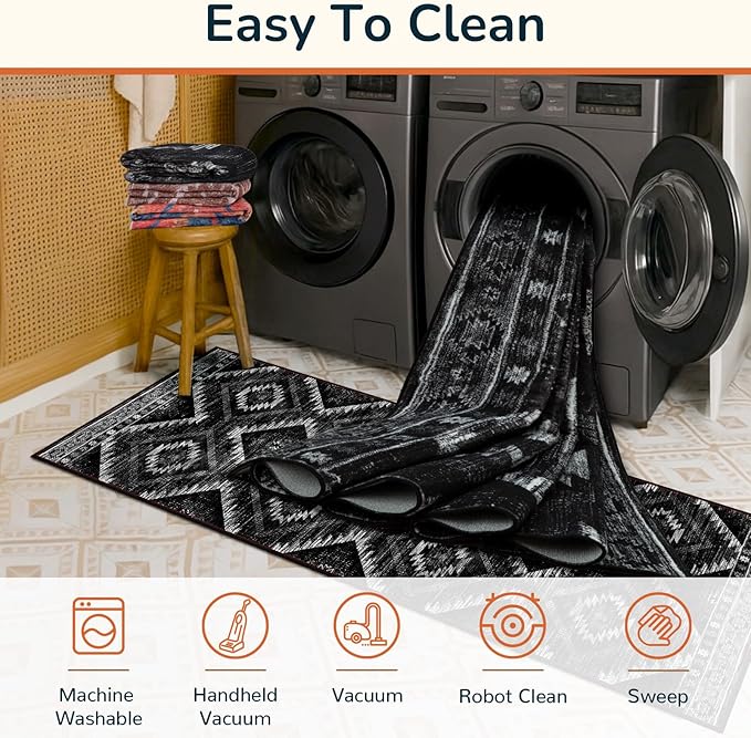 Area Rug 2x4 Rug Machine Washable Non-Slip Low Pile Print Pattern Western Rug for Living Room Bedroom Entryway Tribal Series-Black